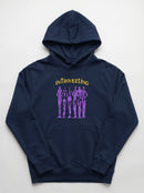 gravisk Introverting v2 graphic hoodie in organic cotton. Six tall purple figures drawn in restless strokes under yellow lettering.