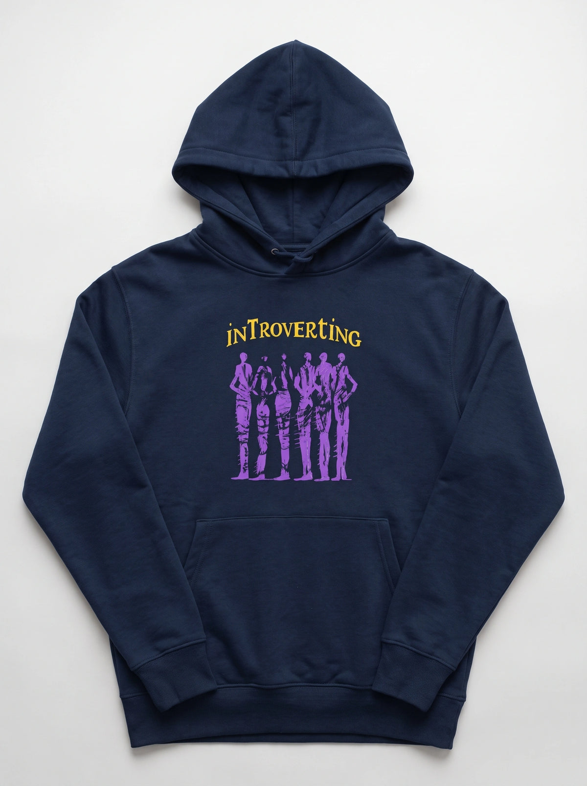 gravisk Introverting v2 graphic hoodie in organic cotton. Six tall purple figures drawn in restless strokes under yellow lettering.