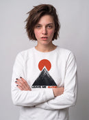 gravisk Leave Me Alone graphic sweatshirt in organic cotton. Minimal mountain with the sun behind it and the words leave me alone.