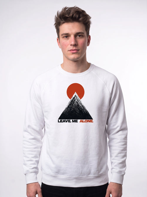 gravisk Leave Me Alone graphic sweatshirt in organic cotton. Minimal mountain with the sun behind it and the words leave me alone.