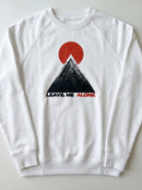 gravisk Leave Me Alone graphic sweatshirt in organic cotton. Minimal mountain with the sun behind it and the words leave me alone.