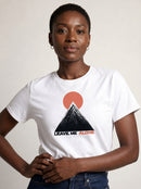 gravisk Leave Me Alone organic graphic tee. Hand-drawn mountain under a red sun, ALONE in red.