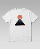 gravisk Leave Me Alone organic graphic tee. Hand-drawn mountain under a red sun, ALONE in red.