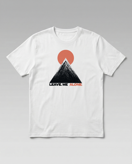 gravisk Leave Me Alone organic graphic tee. Hand-drawn mountain under a red sun, ALONE in red.