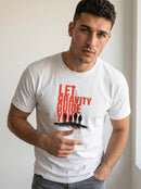 gravisk Let Gravity Guide You organic graphic tee. Stacked rust-red type over four small figures on an ink horizon.