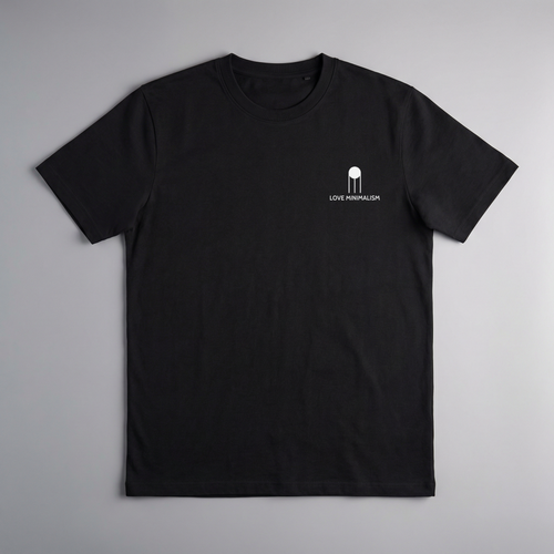 gravisk Love Minimalism organic graphic tee. Small chest print: an architectural icon above LOVE MINIMALISM lettering.