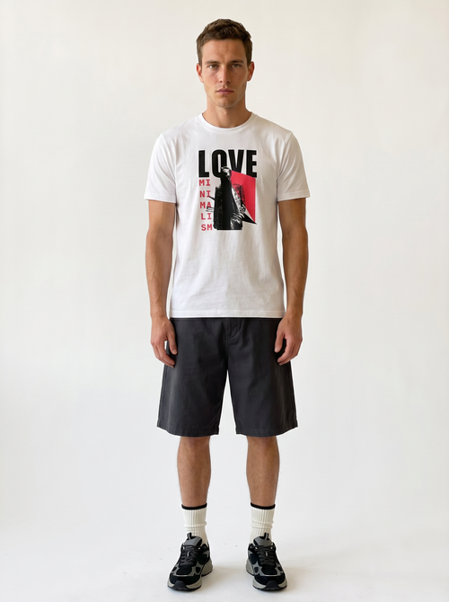 gravisk Love Minimalism organic graphic tee. LOVE in block type, MINIMALISM in a vertical column beside a reaching figure.