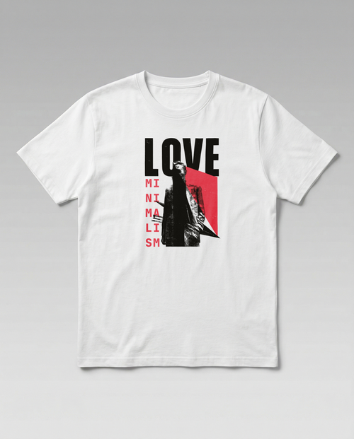 gravisk Love Minimalism organic graphic tee. LOVE in block type, MINIMALISM in a vertical column beside a reaching figure.