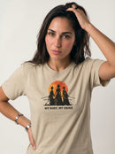 gravisk My Body, My Crime organic graphic tee. Three samurai silhouettes against a distressed orange sun.