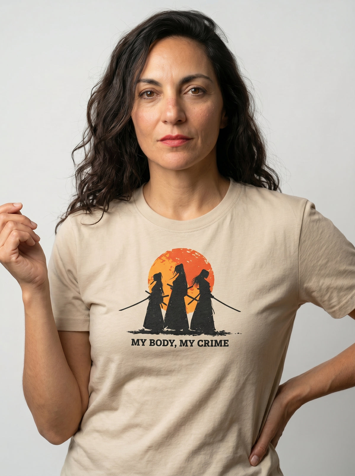 gravisk My Body, My Crime organic graphic tee. Three samurai silhouettes against a distressed orange sun.