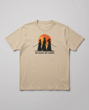 gravisk My Body, My Crime organic graphic tee. Three samurai silhouettes against a distressed orange sun.