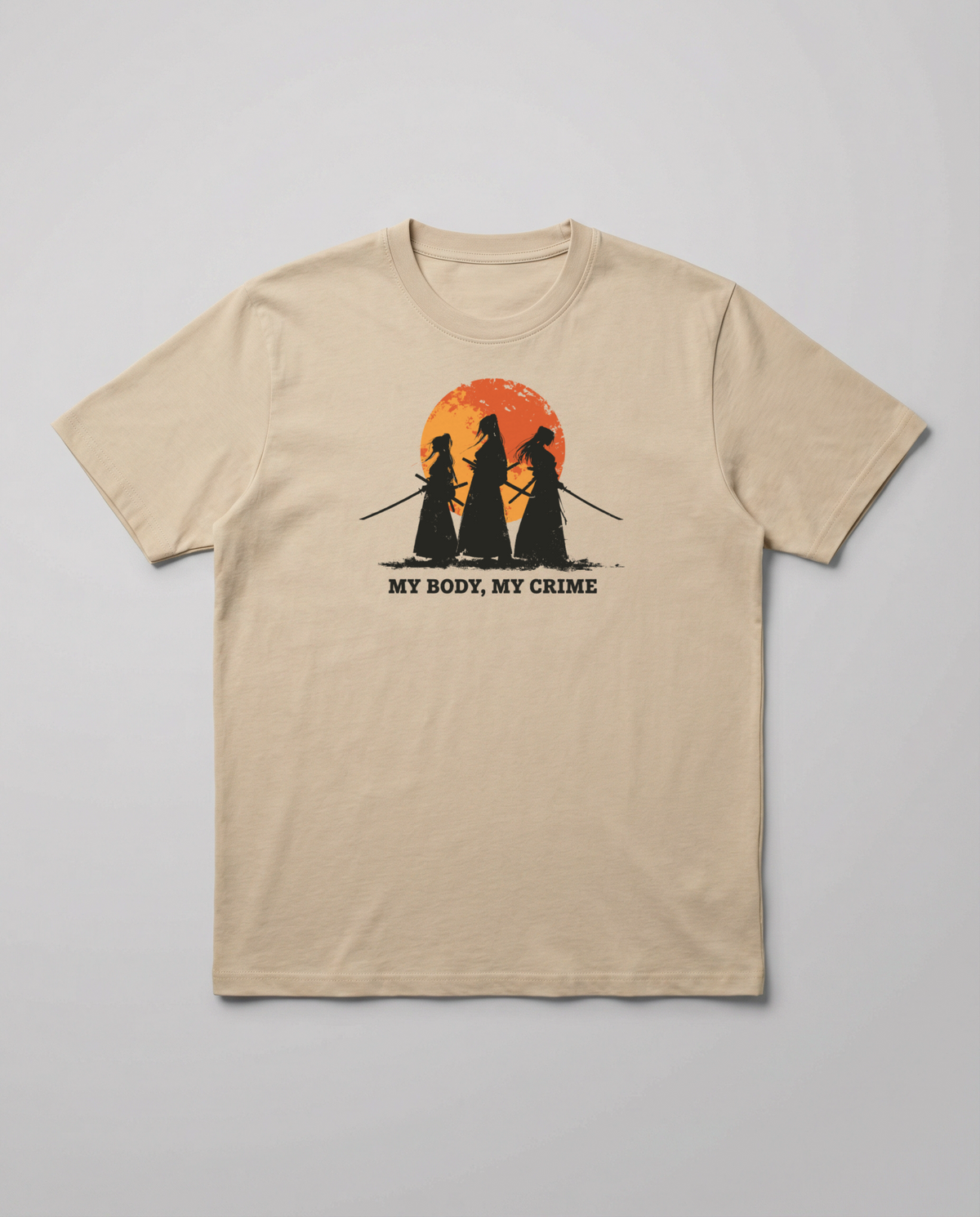 gravisk My Body, My Crime organic graphic tee. Three samurai silhouettes against a distressed orange sun.