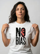 gravisk No Bias organic graphic tee. Heavy serif NO BIAS with a terracotta portrait inside the letter O.