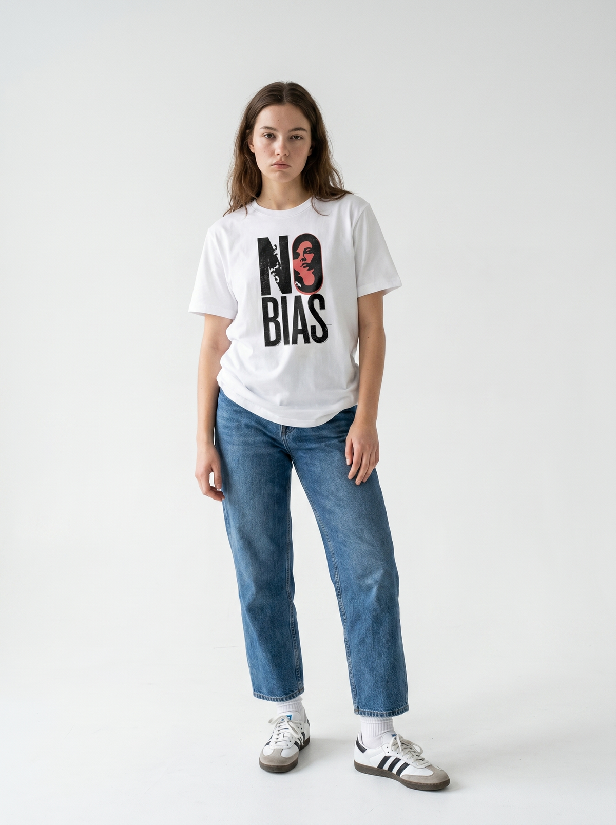 gravisk No Bias organic graphic tee. Heavy serif NO BIAS with a terracotta portrait inside the letter O.