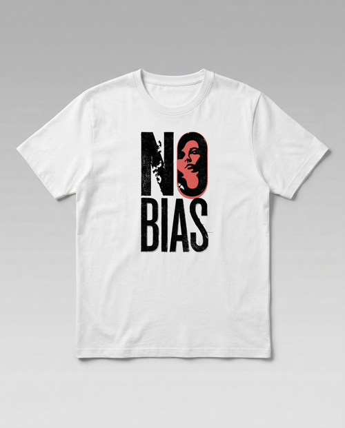 gravisk No Bias organic graphic tee. Heavy serif NO BIAS with a terracotta portrait inside the letter O.