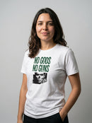 gravisk No Gods No Guns organic graphic tee. Distressed green stencil type over a half-tone portrait.