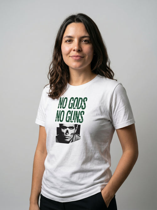 gravisk No Gods No Guns organic graphic tee. Distressed green stencil type over a half-tone portrait.