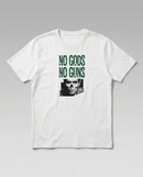 gravisk No Gods No Guns organic graphic tee. Distressed green stencil type over a half-tone portrait.