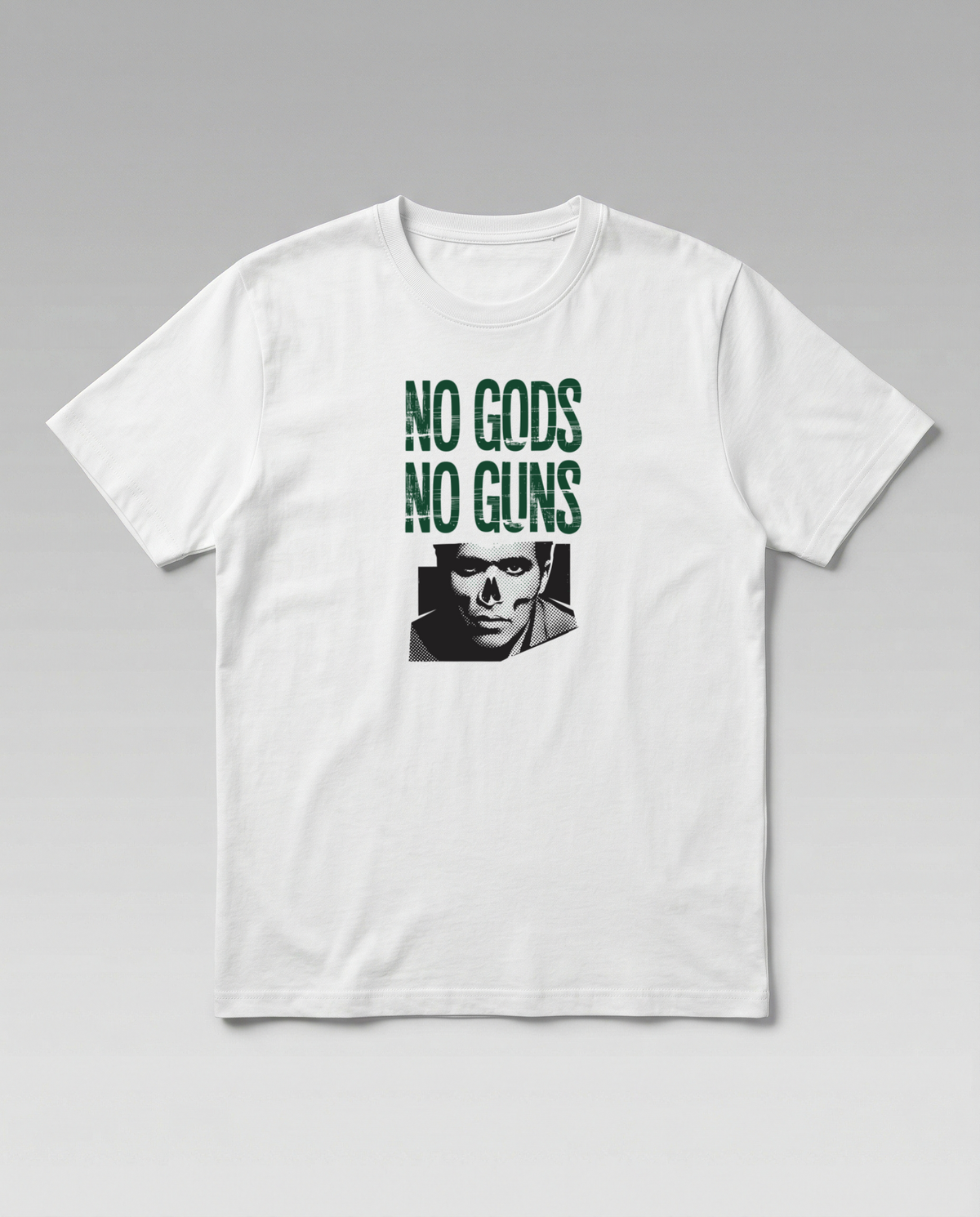gravisk No Gods No Guns organic graphic tee. Distressed green stencil type over a half-tone portrait.