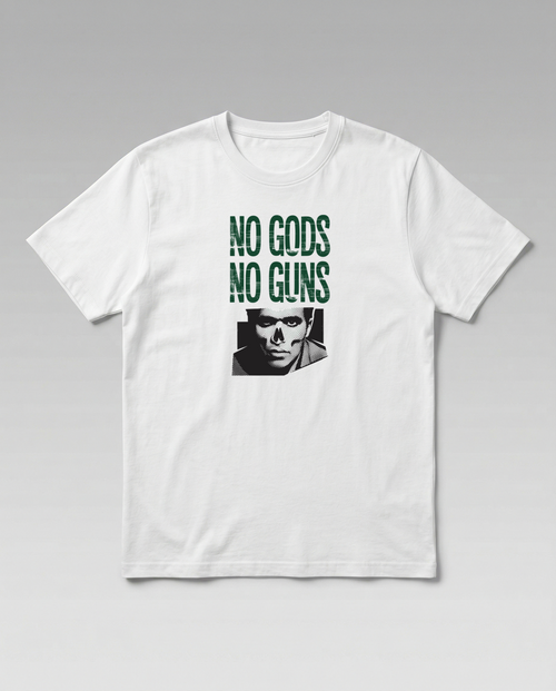 gravisk No Gods No Guns organic graphic tee. Distressed green stencil type over a half-tone portrait.