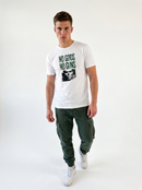 gravisk No Gods No Guns organic graphic tee. Distressed green stencil type over a half-tone portrait.
