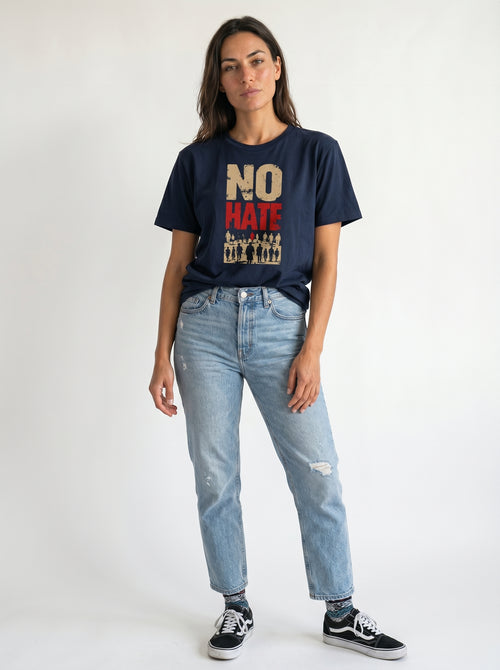 gravisk No Hate organic graphic tee. Bold NO HATE type above a crowd of walking silhouettes.