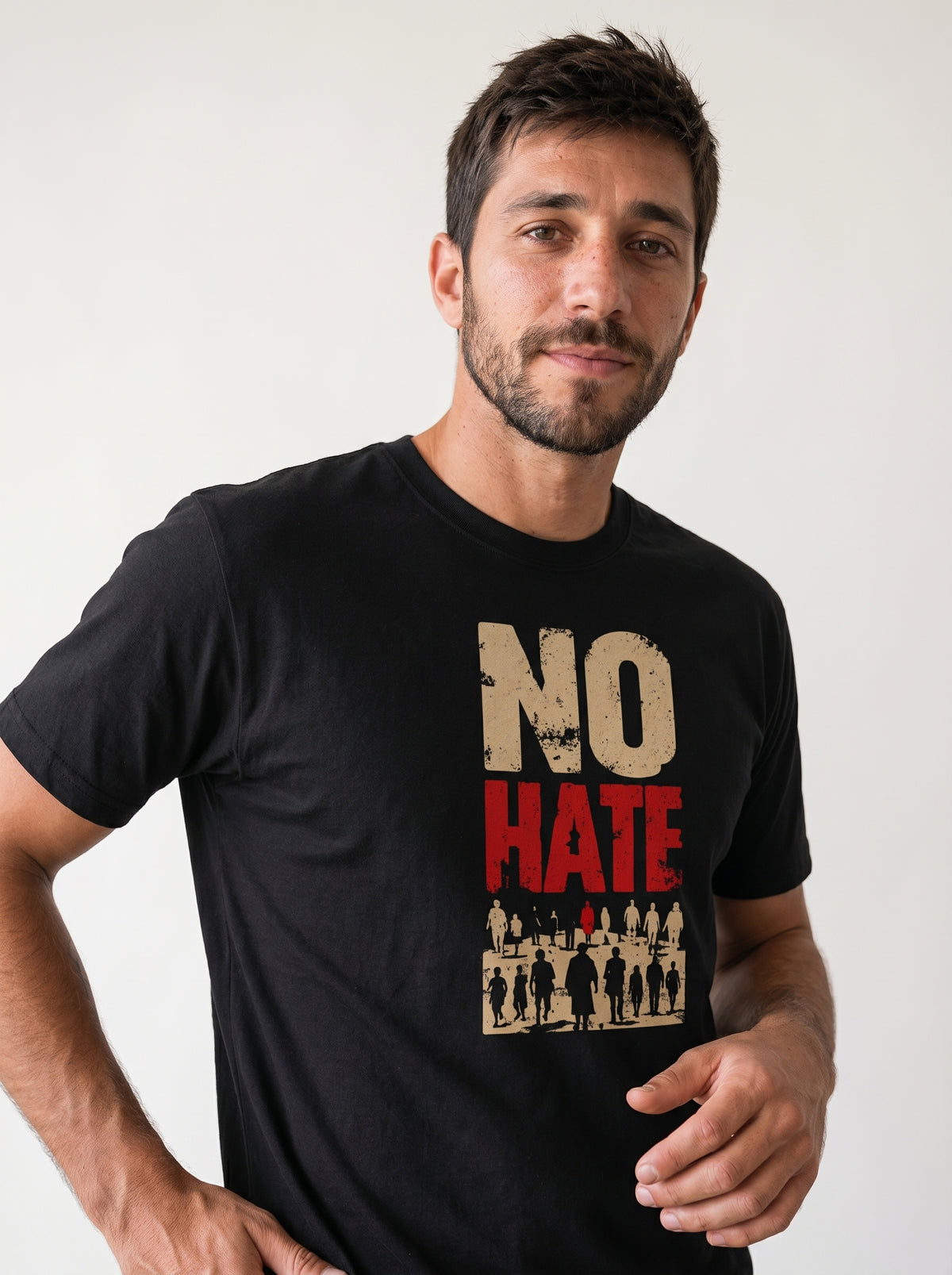 gravisk No Hate organic graphic tee. Bold NO HATE type above a crowd of walking silhouettes.