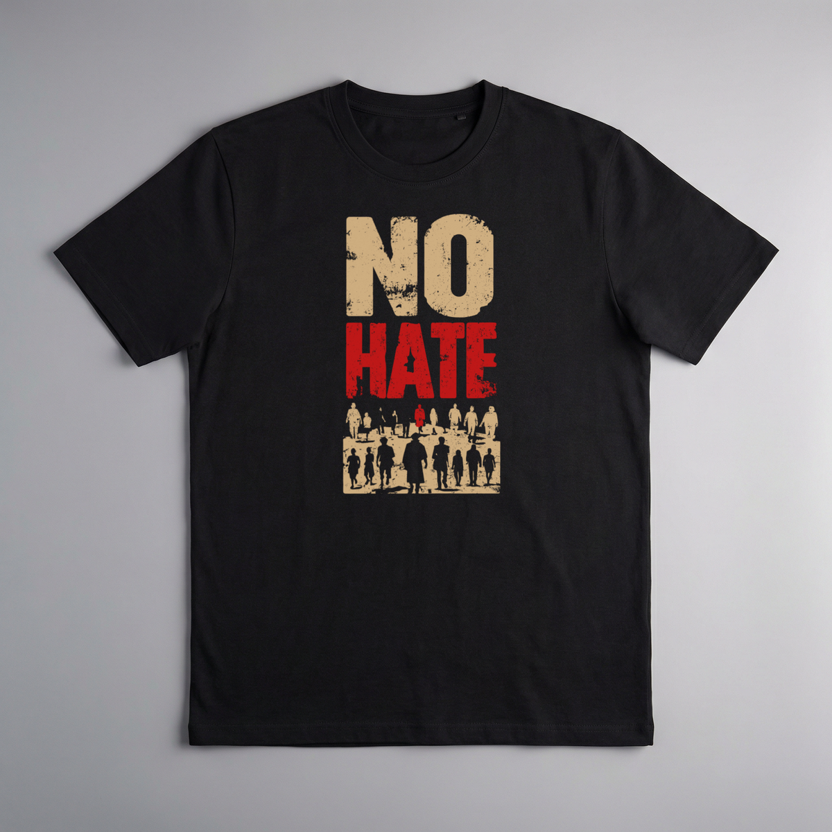 gravisk No Hate organic graphic tee. Bold NO HATE type above a crowd of walking silhouettes.