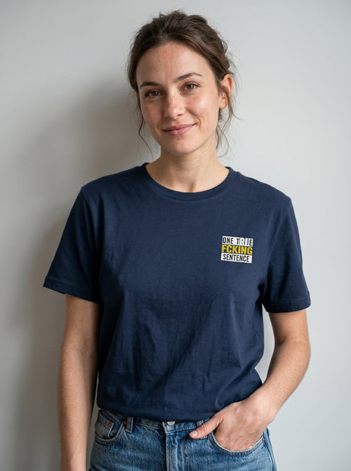 gravisk One True Fcking Sentence organic graphic tee. Small bordered chest print reading ONE TRUE FCKING SENTENCE.