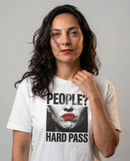 gravisk People? Hard Pass organic graphic tee. Cropped half face with red lips between PEOPLE? and HARD PASS.