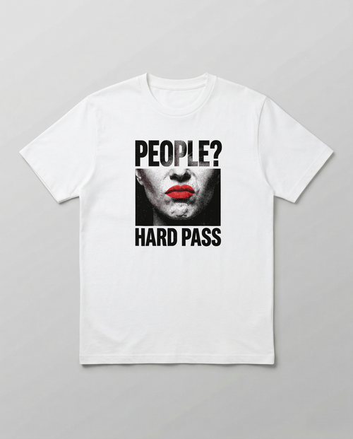gravisk People? Hard Pass organic graphic tee. Cropped half face with red lips between PEOPLE? and HARD PASS.