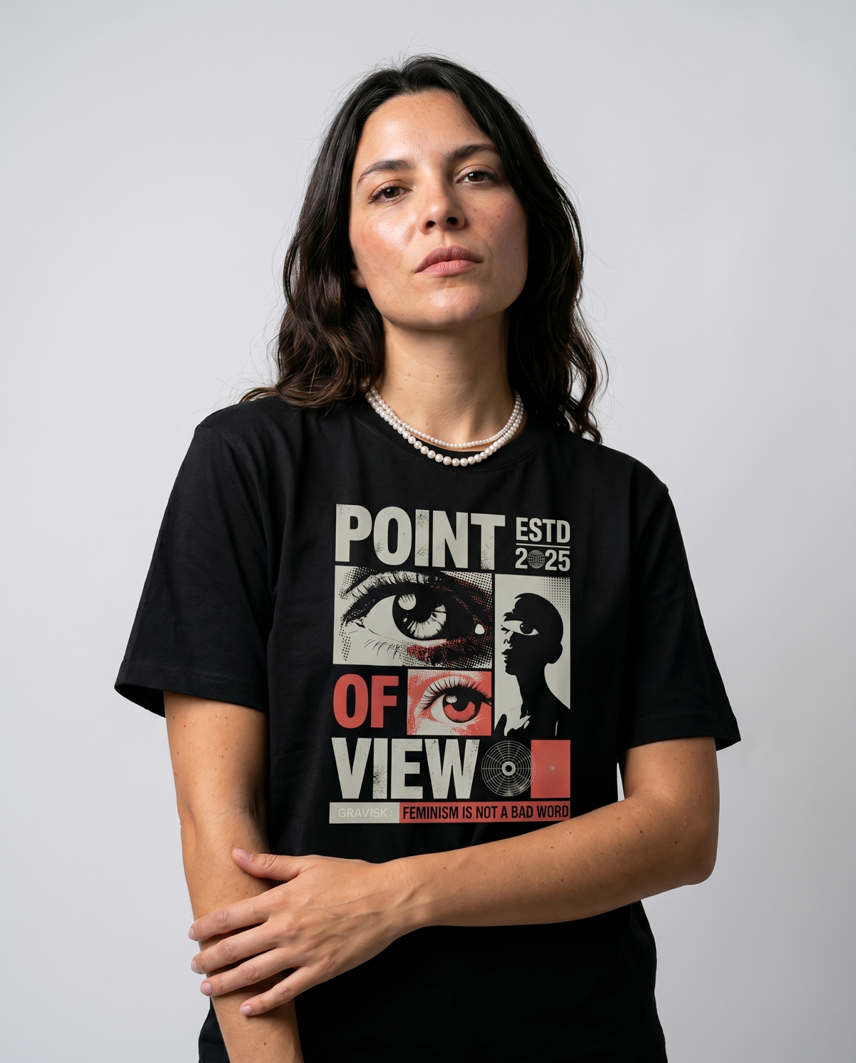 gravisk Point of View organic graphic tee. Editorial grid of eyes, a profile and a radar circle, FEMINISM IS NOT A BAD WORD.