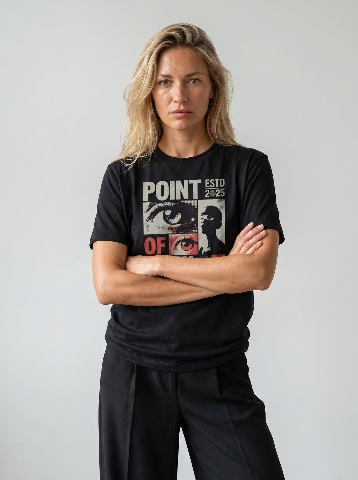 gravisk Point of View organic graphic tee. Editorial grid of eyes, a profile and a radar circle, FEMINISM IS NOT A BAD WORD.