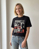 gravisk Point of View organic graphic tee. Editorial grid of eyes, a profile and a radar circle, FEMINISM IS NOT A BAD WORD.