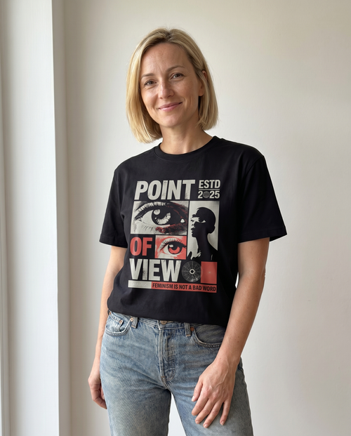 gravisk Point of View organic graphic tee. Editorial grid of eyes, a profile and a radar circle, FEMINISM IS NOT A BAD WORD.