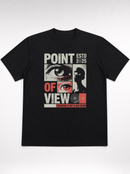 gravisk Point of View organic graphic tee. Editorial grid of eyes, a profile and a radar circle, FEMINISM IS NOT A BAD WORD.