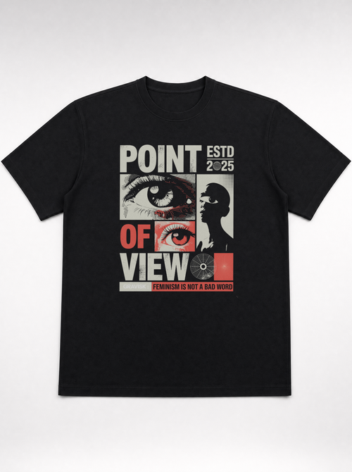 gravisk Point of View organic graphic tee. Editorial grid of eyes, a profile and a radar circle, FEMINISM IS NOT A BAD WORD.