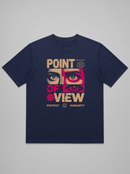 gravisk Point of View organic graphic tee. Three cropped pairs of eyes in a grid, cream and rose, PROTECT HUMANITY.