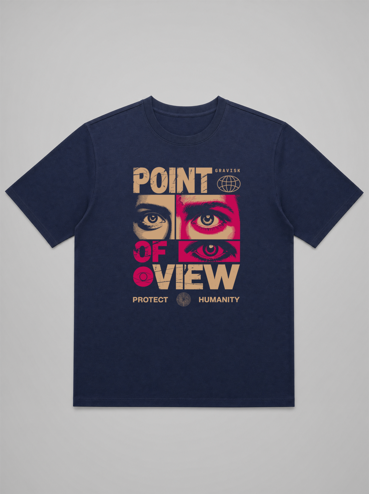 gravisk Point of View organic graphic tee. Three cropped pairs of eyes in a grid, cream and rose, PROTECT HUMANITY.