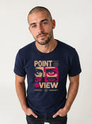 gravisk Point of View organic graphic tee. Three cropped pairs of eyes in a grid, cream and rose, PROTECT HUMANITY.