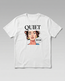gravisk Quiet Roar organic graphic tee. Pop-art portrait between QUIET and a small ROAR speech bubble.