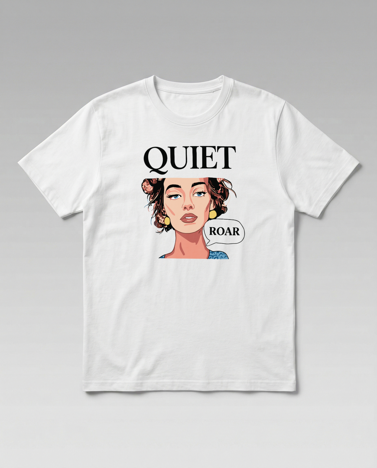 gravisk Quiet Roar organic graphic tee. Pop-art portrait between QUIET and a small ROAR speech bubble.