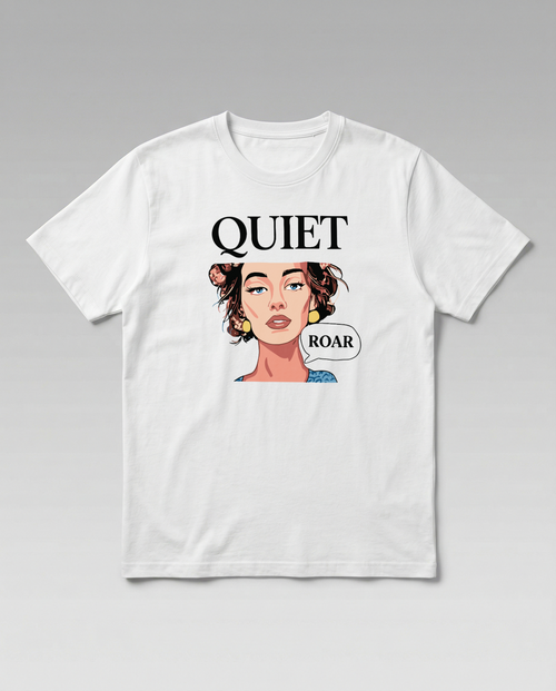 gravisk Quiet Roar organic graphic tee. Pop-art portrait between QUIET and a small ROAR speech bubble.