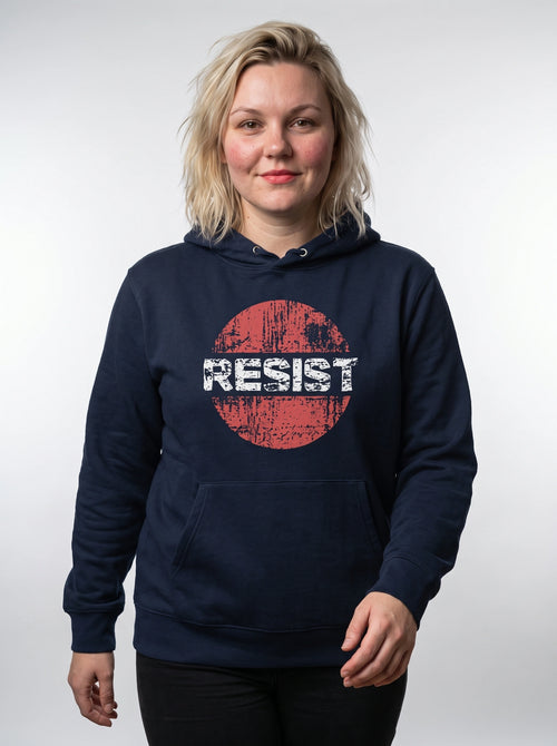gravisk Resist graphic hoodie in organic cotton. RESIST in cracked white letters across a faded red circle.
