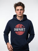 gravisk Resist graphic hoodie in organic cotton. RESIST in cracked white letters across a faded red circle.