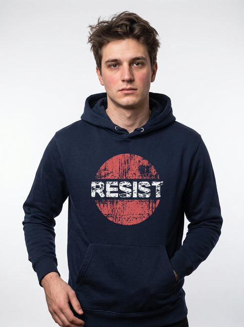 gravisk Resist graphic hoodie in organic cotton. RESIST in cracked white letters across a faded red circle.