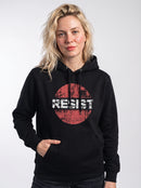 gravisk Resist graphic hoodie in organic cotton. RESIST in cracked white letters across a faded red circle.