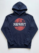 gravisk Resist graphic hoodie in organic cotton. RESIST in cracked white letters across a faded red circle.