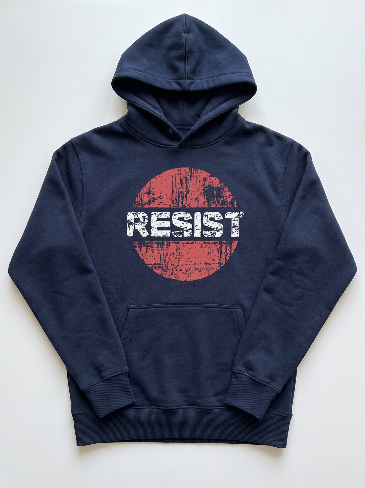 gravisk Resist graphic hoodie in organic cotton. RESIST in cracked white letters across a faded red circle.