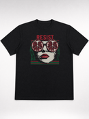 gravisk Resist organic graphic tee. Pop-art portrait with pomegranate lenses, distressed red RESIST above.